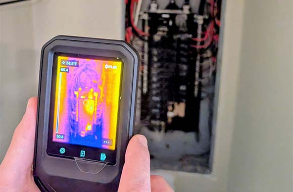 A thermal imaging camera used during a home inspection, pictured with a thermal (infrared) image of an electrical box.